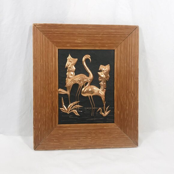Vintage Flamingos Picture Copper relief and Wood framed 50s 60s MCM - Picture 2 of 8